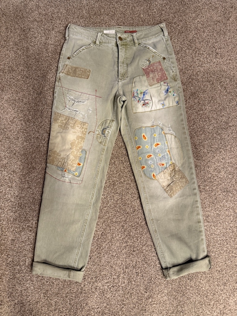 Pilcro Women's Boyfriend Jeans - Sage Green with Multicolor Patchwork